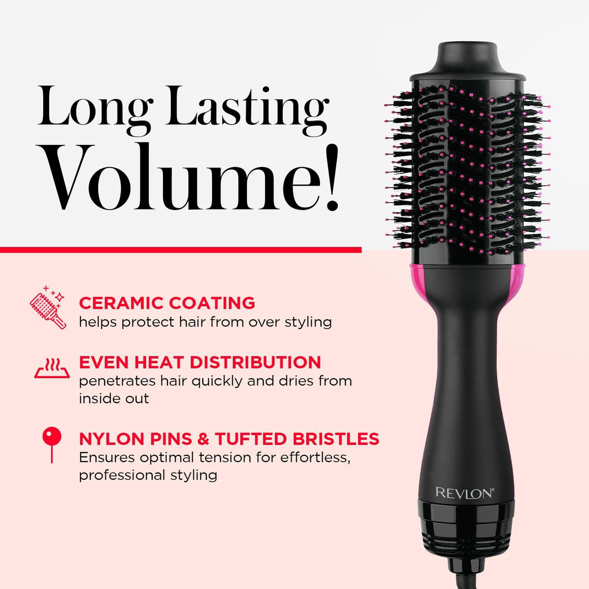 REVLON One-Step Volumizer Hair Dryer and Styler, for Less Frizz, More Shine, and Reduced Heat Damage for Salon Style Round Brush for Blowout, Black