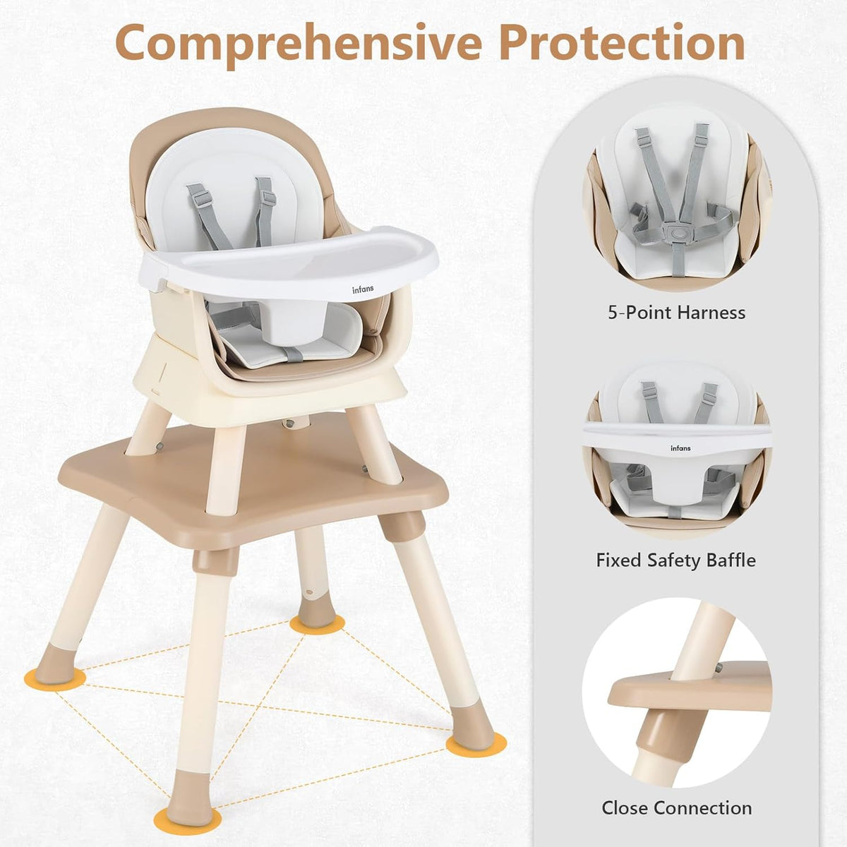 INFANS 8 in 1 Baby High Chair, Convertible Highchair for Babies and Toddlers(Light Brown)
