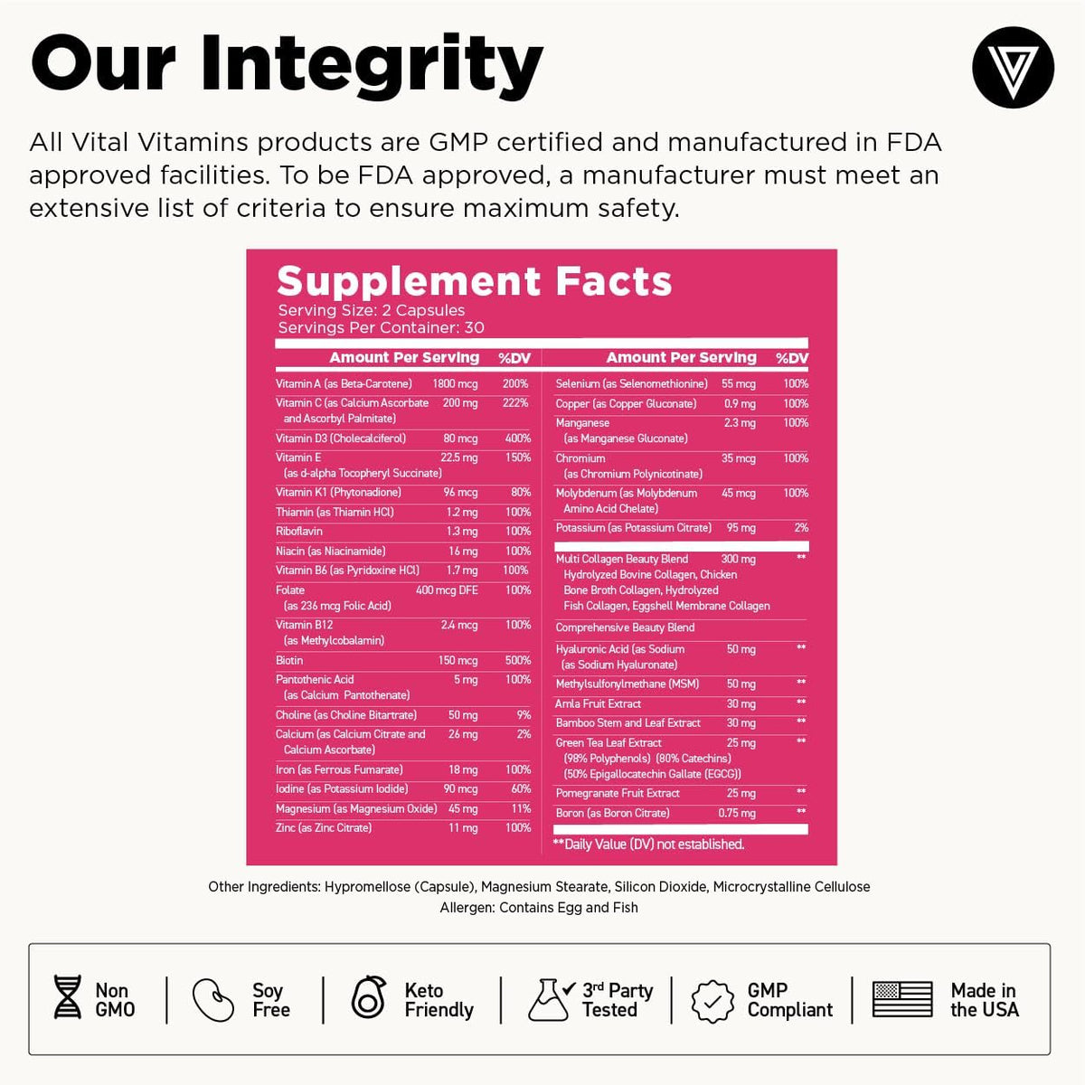 Vital Vitamins Women's Multivitamin Complex with Collagen & Hyaluronic Acid |  60 Capsules