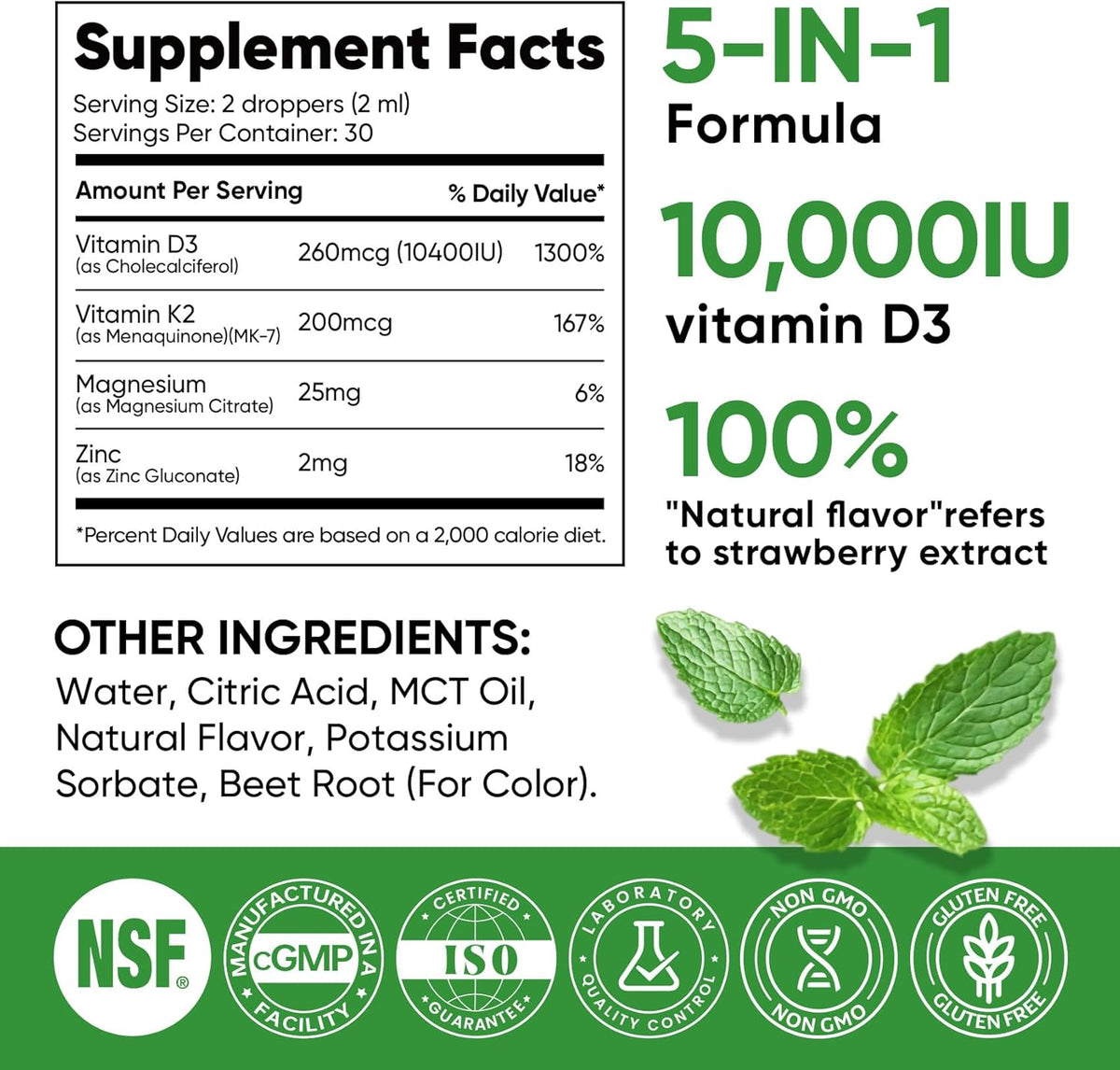 Venture Pal 5-in-1 Vitamin D3 10000 IU & K2 as MK-7 200mcg with Magnesium, MCT Oil, Zinc, Sugar-Free Vitamin D Liquid |Maximum Absorption for Bone, Mood & Immune Health - 2 FL OZ, 60 Days