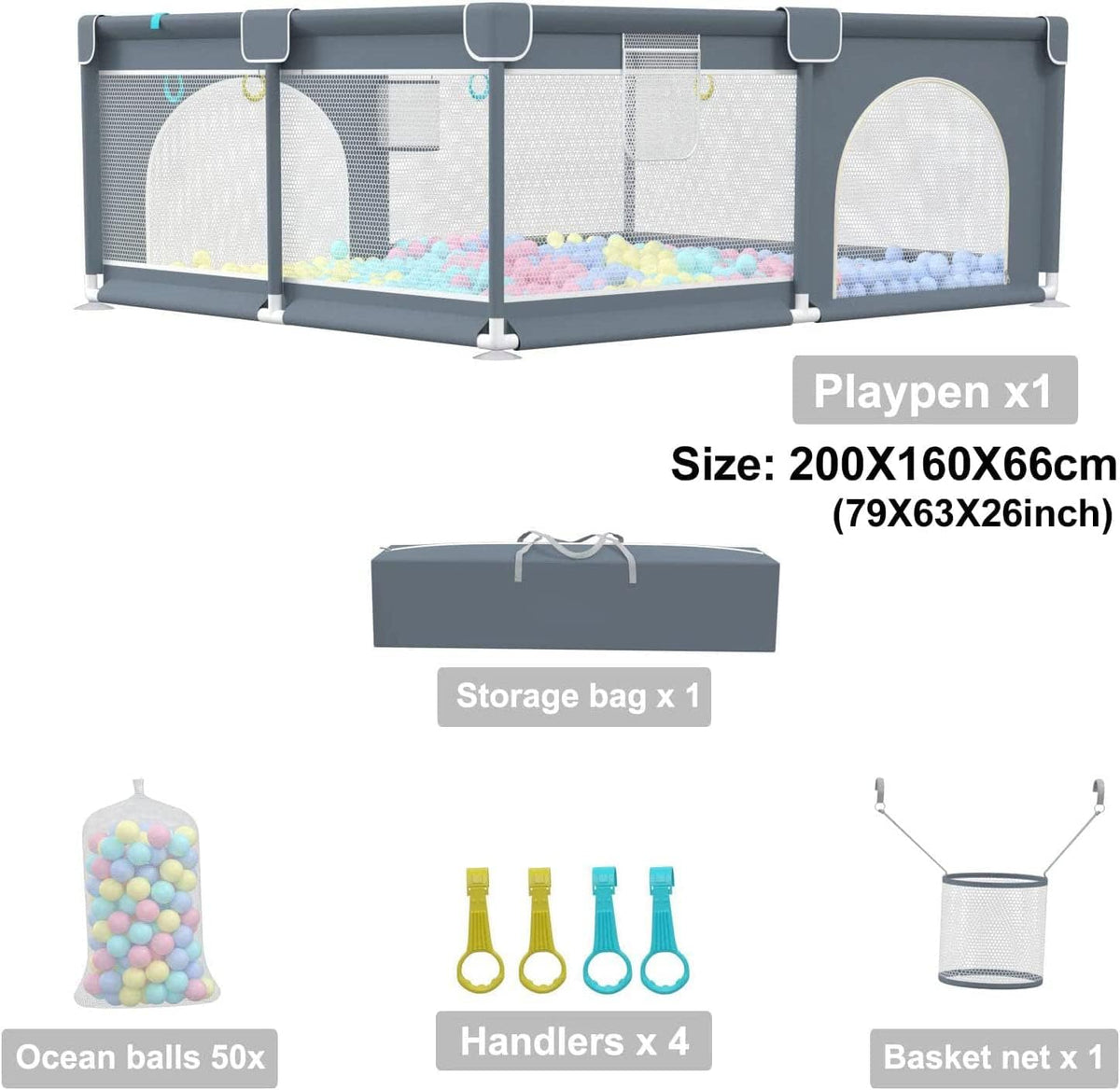Baby Playpen 200 x 160 cm, Extra Large Baby Play Pen with 50 Ocean Balls, 4X Pull Rings
