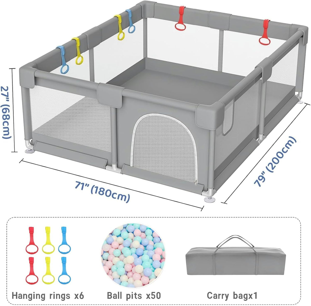 Gdaytao Large Baby Play Pen 200x180cm - Premium Oxford Fabric Playpen with 50 Pit Balls (6M-3Y)