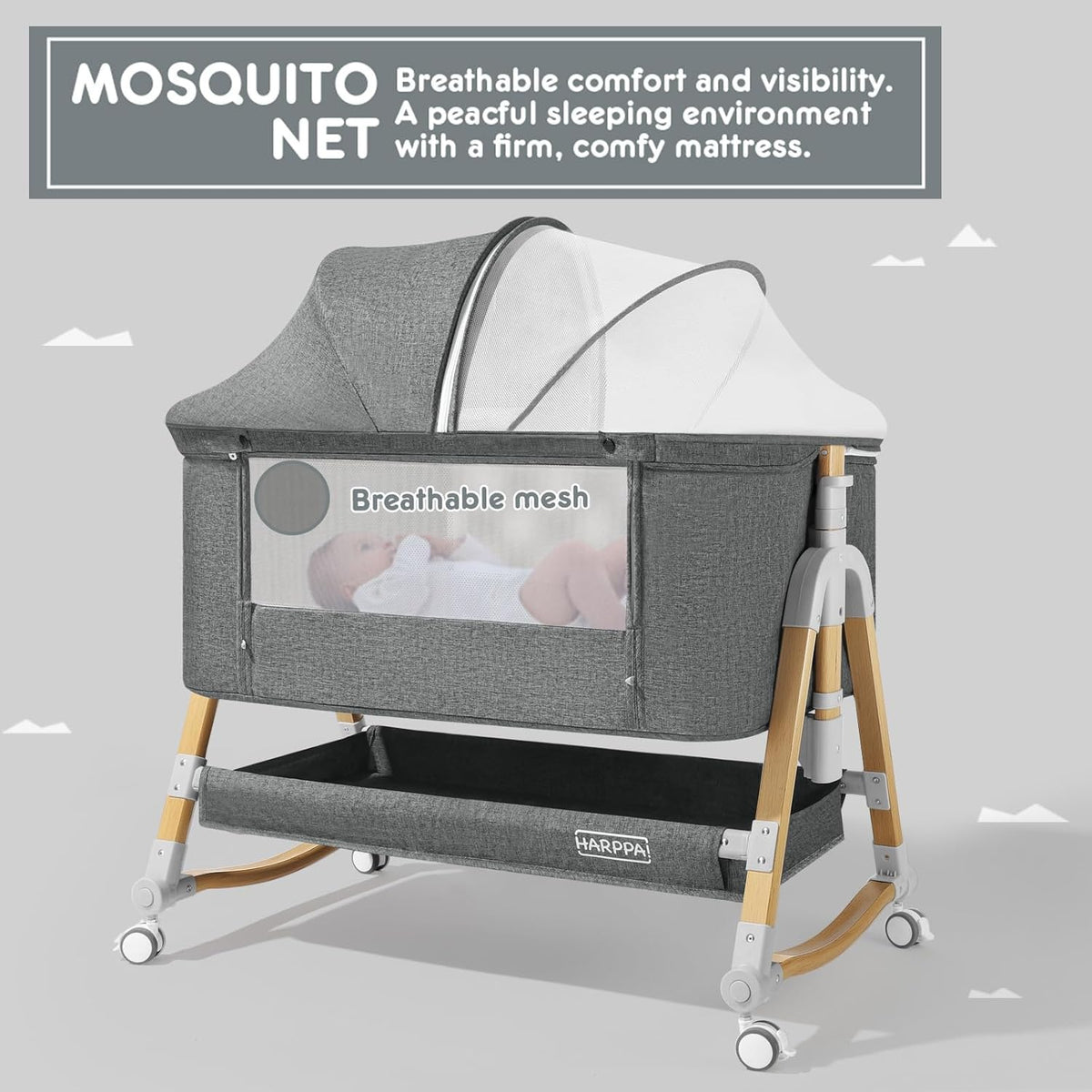 HARPPA Baby Bassinet, Bedside Crib 3 in 1 Bedside Sleeper(Mosquito Net Included), Five-Position Adjustable Bedside Cribs with Mattress for Newborns, Portable Bassinet with Anchor Strap (Grey)