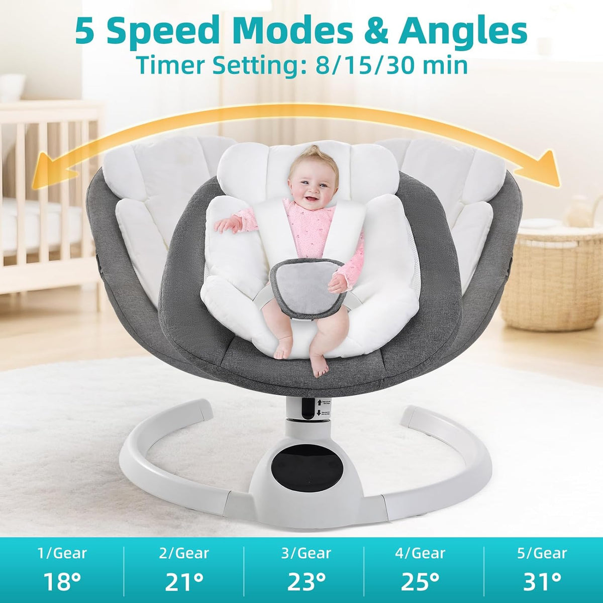 Electric Baby Swing Chair from Birth, Bluetooth Bouncer with 5 Swing Speed, 3-Stage Timer