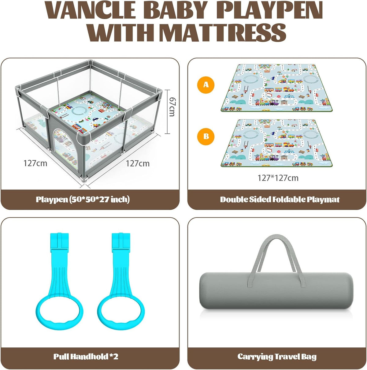 Baby Playpen with Mat 127cm x 127cm Playpen for Babies and Toddlers, Playard for Kids Safety Play