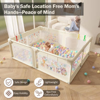 Extra Large Baby Play Pen for Toddlers with Pattern Anti-Slip Sturdy Play Yards Fence with 50 Balls, 4 Pull Rings, Ball Storage & Zipper Door (Beige)
