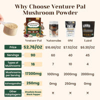 Venture Pal 16 in 1 Mushroom Powder (90 Servings) - 1,557,000mg Mushroom Coffee Alternative with Ashwagandha, Lion’s Mane, Chaga & More | 100% Fruiting Bodies | 10:1 Extract for Immune,Focus & Energy
