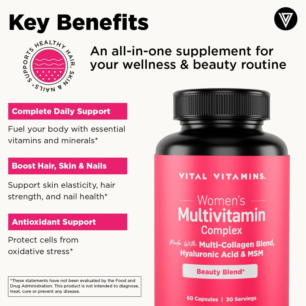 Vital Vitamins Women's Multivitamin Complex with Collagen & Hyaluronic Acid |  60 Capsules