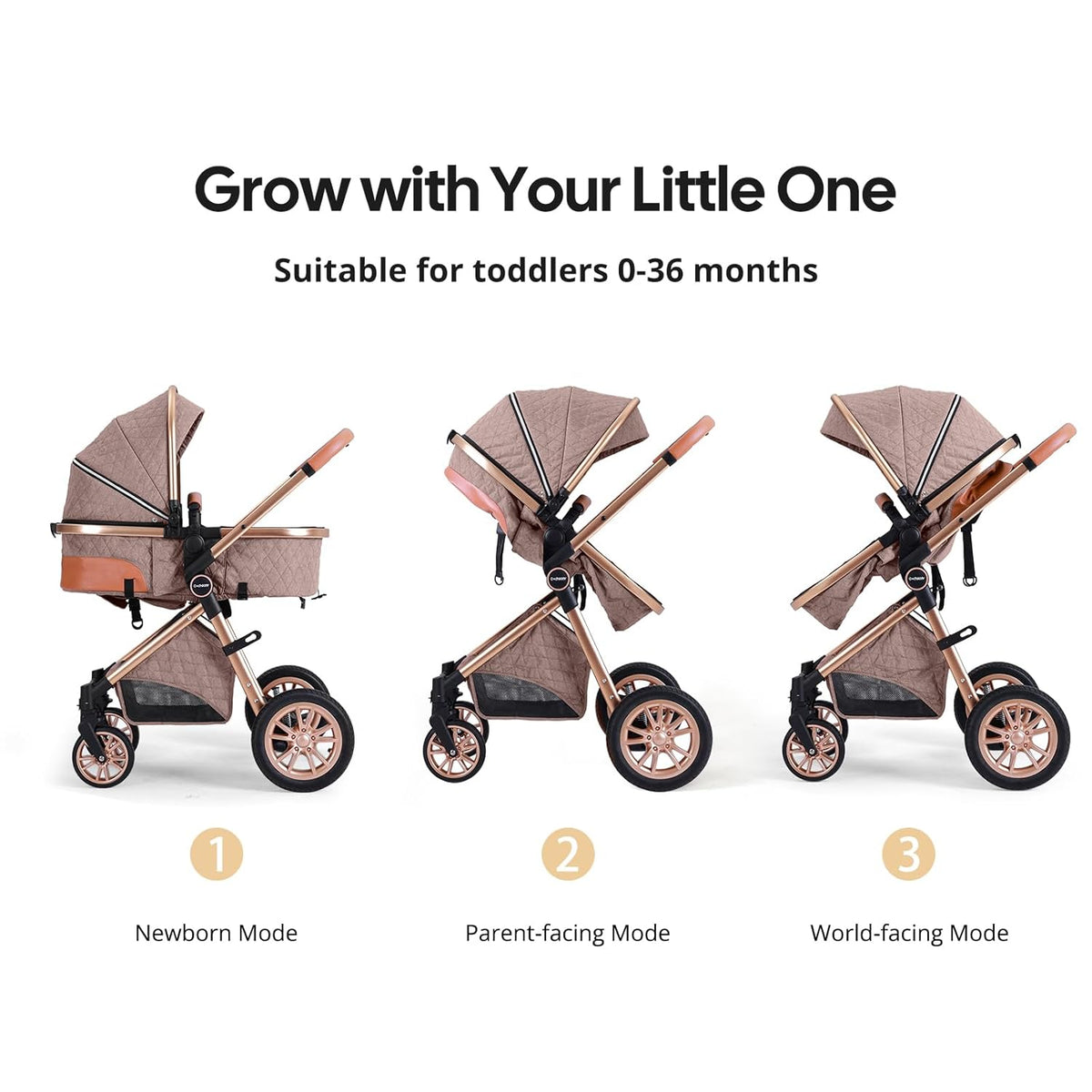 Luxury 2-in-1 Baby Stroller, Foldable Travel Stroller for Newborn to Toddler, Convertible Stroller with All-Terrain Wheels and UPF 50+ Canopy, Baby Glide Khaki Stroller