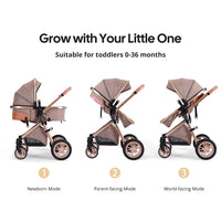 Luxury 2-in-1 Baby Stroller, Foldable Travel Stroller for Newborn to Toddler, Convertible Stroller with All-Terrain Wheels and UPF 50+ Canopy, Baby Glide Khaki Stroller