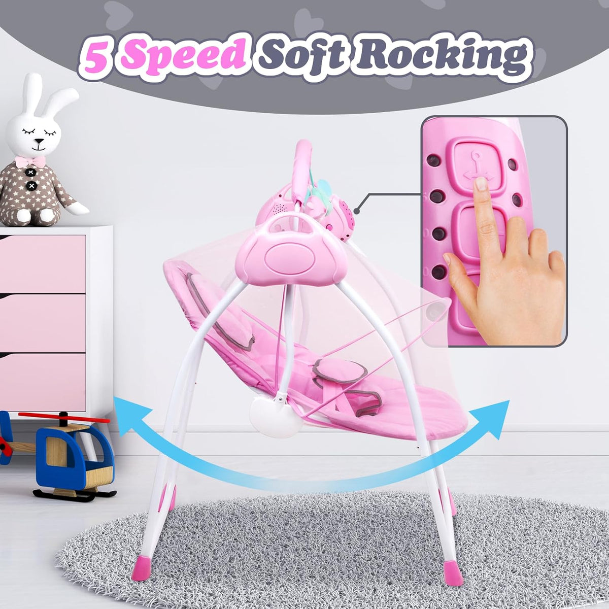 Advwin Baby Rocking Chair, Electric Baby Swing Baby Bouncer and Rocker,Electric 5 Speed Toddler Swing, Bluetooth Bouncer Seat Chair for Infants with Mosquito Net, Pink
