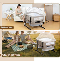 Twin Bassinet for 2 Babies, Double Bassinet for Twins with Mosquito Net & Storage Basket, Portable Foldable Bedside Sleeper for Newborns, Khaki