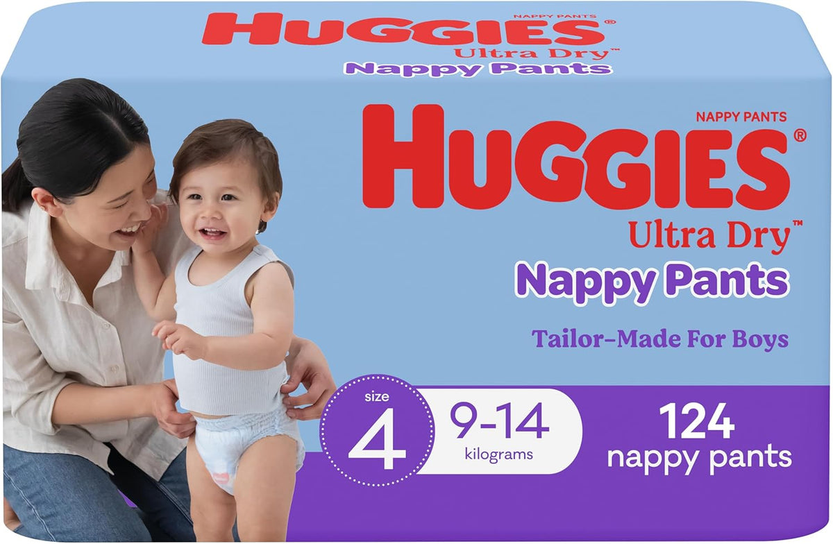 Huggies Ultra Dry Nappy Pants Boy Size 4 (9-14kg) 124 Count (2 x 62 Pack)