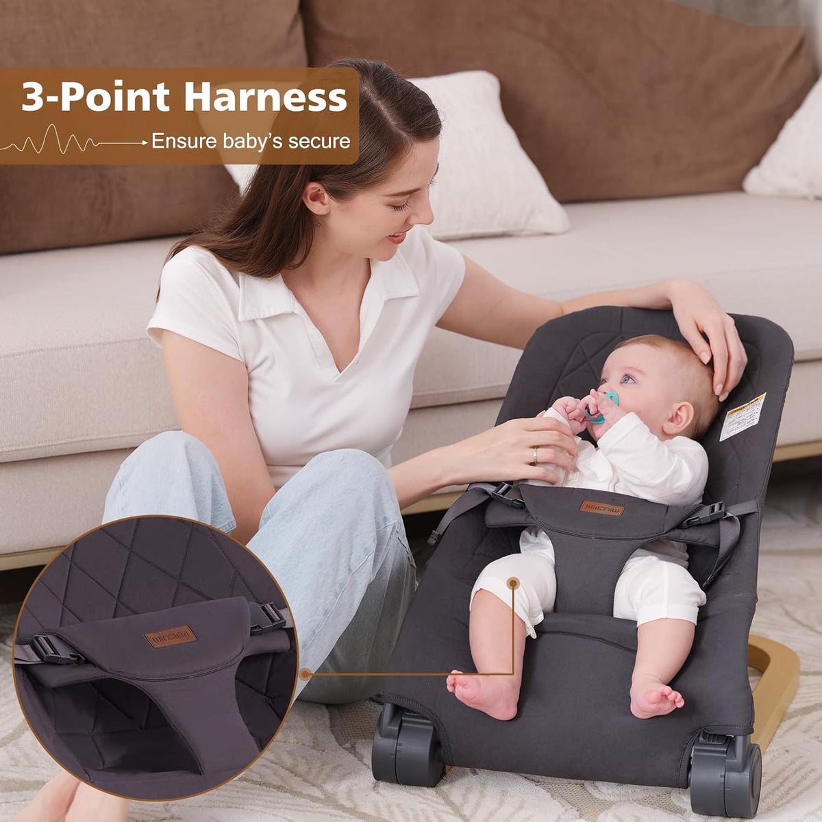 Portable Baby Rocker with Adjustable Backrest & One-Touch Folding Design,Grey