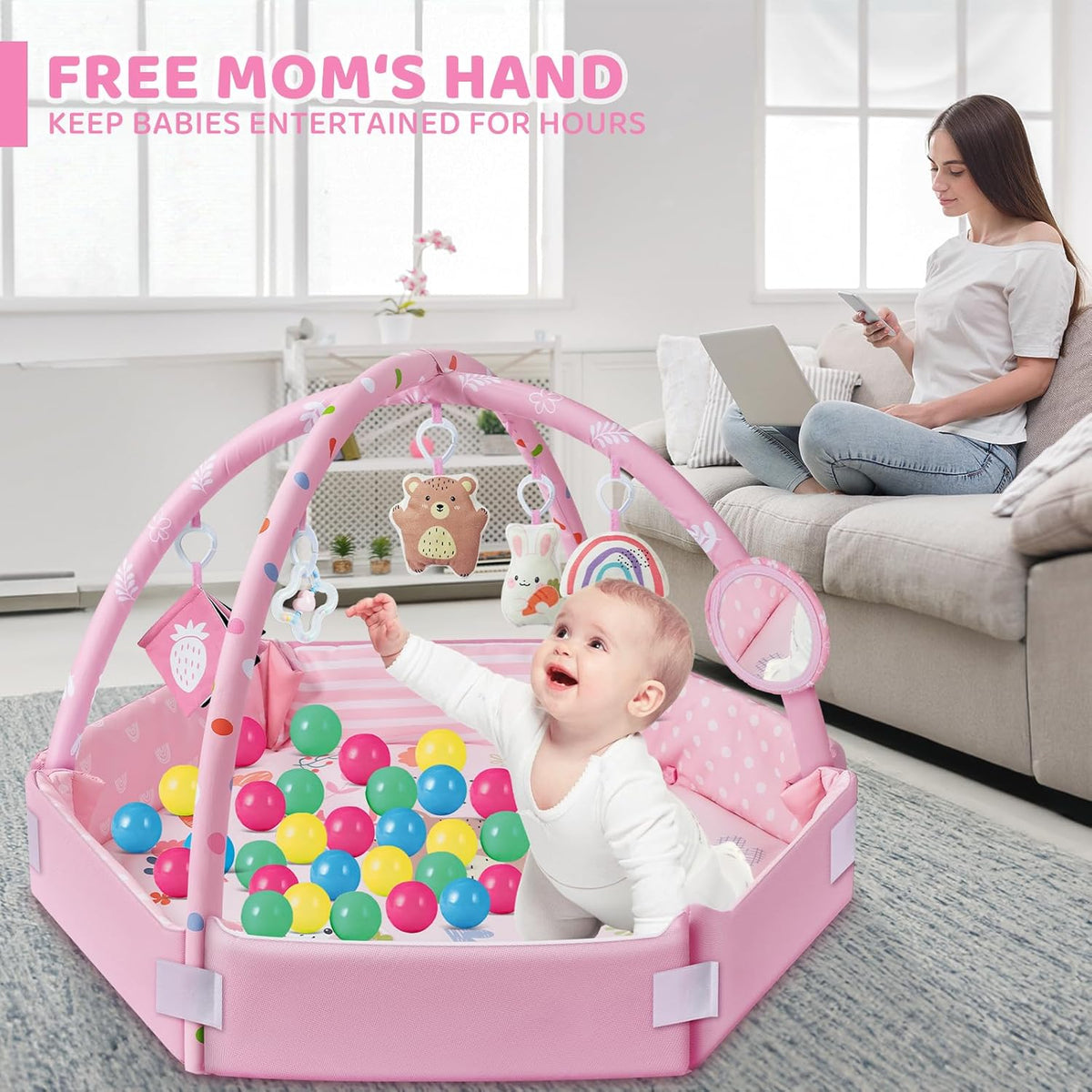 Baby Gym Play Mat, 8-in-1 Tummy Time Mat & Ball Pit with 6 Toys (Pink)