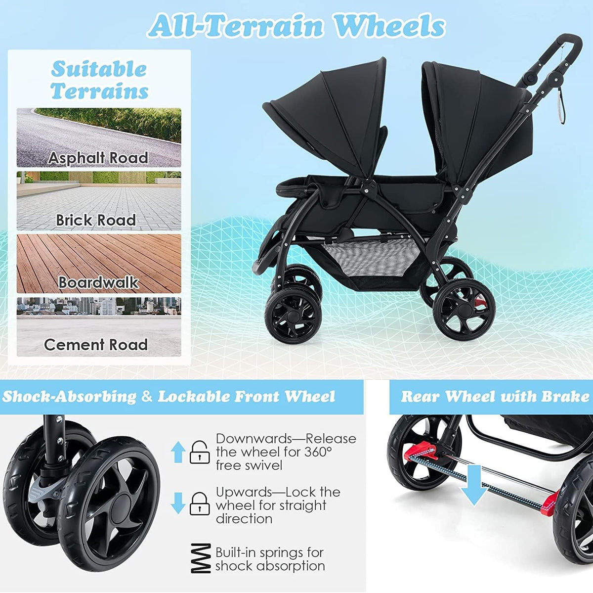 BABY JOY Foldable Tandem Twin Stroller