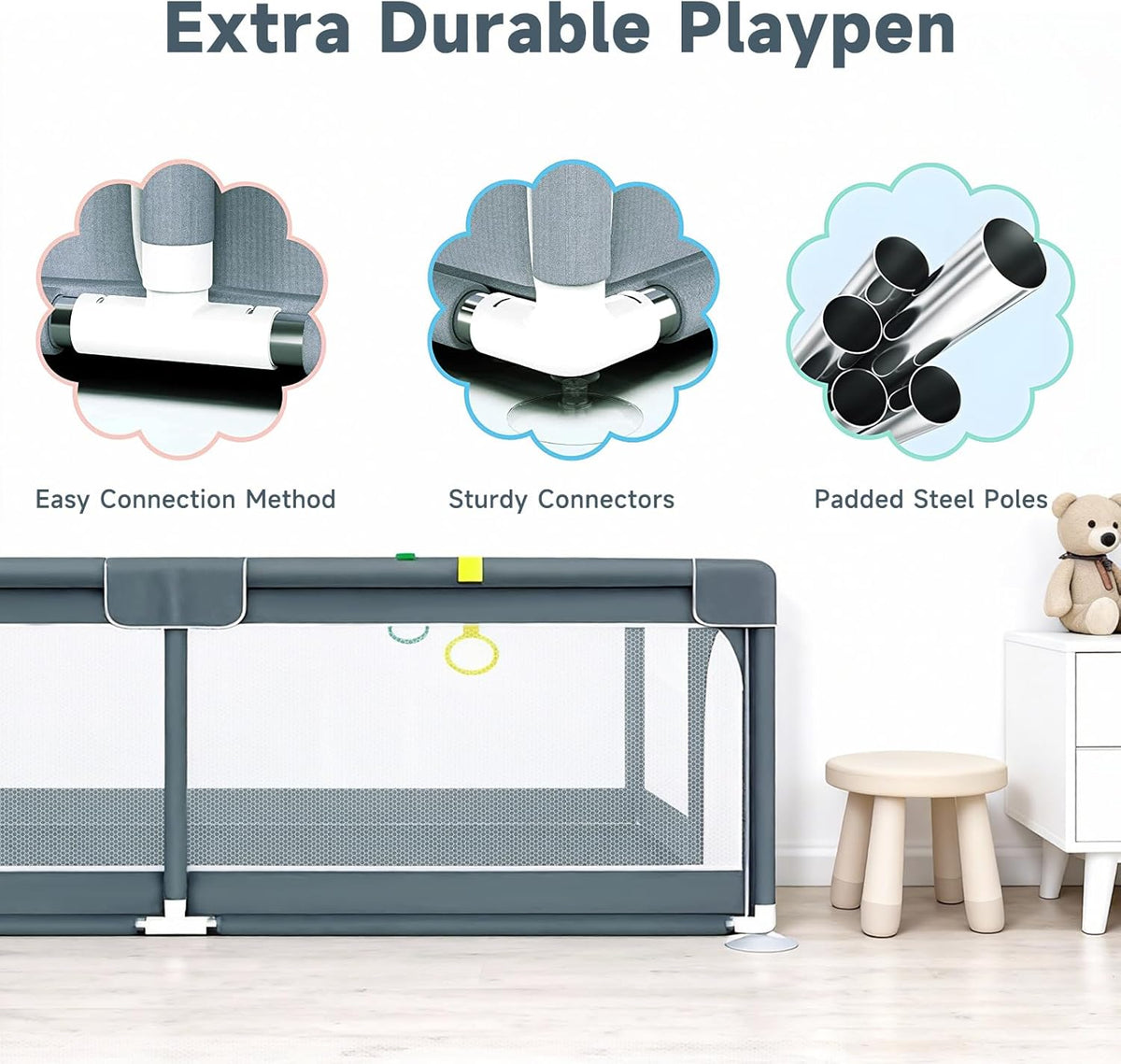 Baby Playpen with Mat 120*120cm, Baby Play Pen with 50 Balls Pit, 4X Handlers and Mat-Grey
