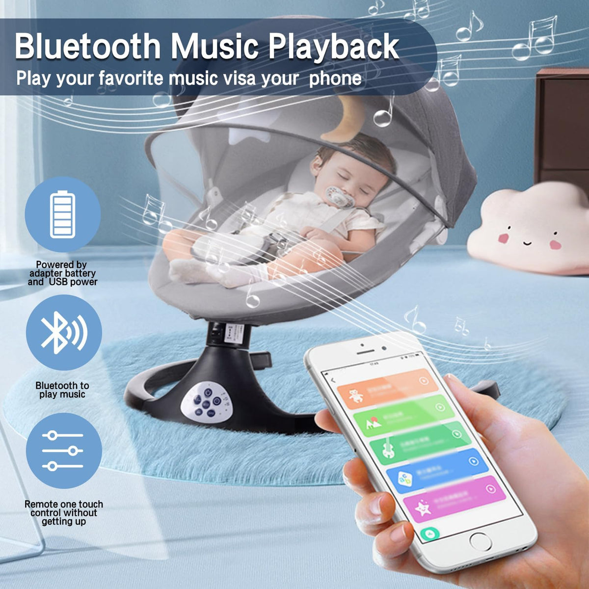 Baby Swing for Infants, Portable Baby Rocker with Tray and Remote Control 5 Speed