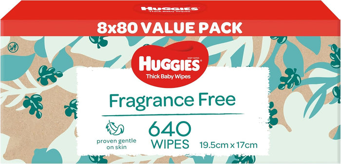 HUGGIES Baby Wipes Fragrance Free 640 Pack (8 x 80 Pack)
