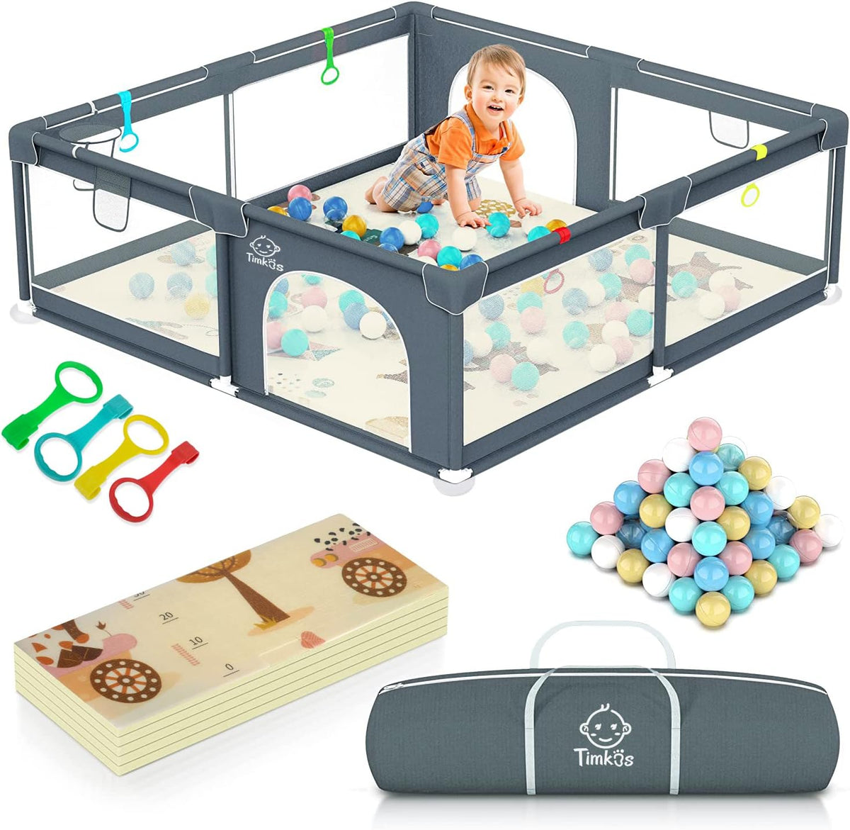 Baby Playpen with Mat 120*120cm, Baby Play Pen with 50 Balls Pit, 4X Handlers and Mat-Grey