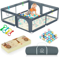 Baby Playpen with Mat 120*120cm, Baby Play Pen with 50 Balls Pit, 4X Handlers and Mat-Grey
