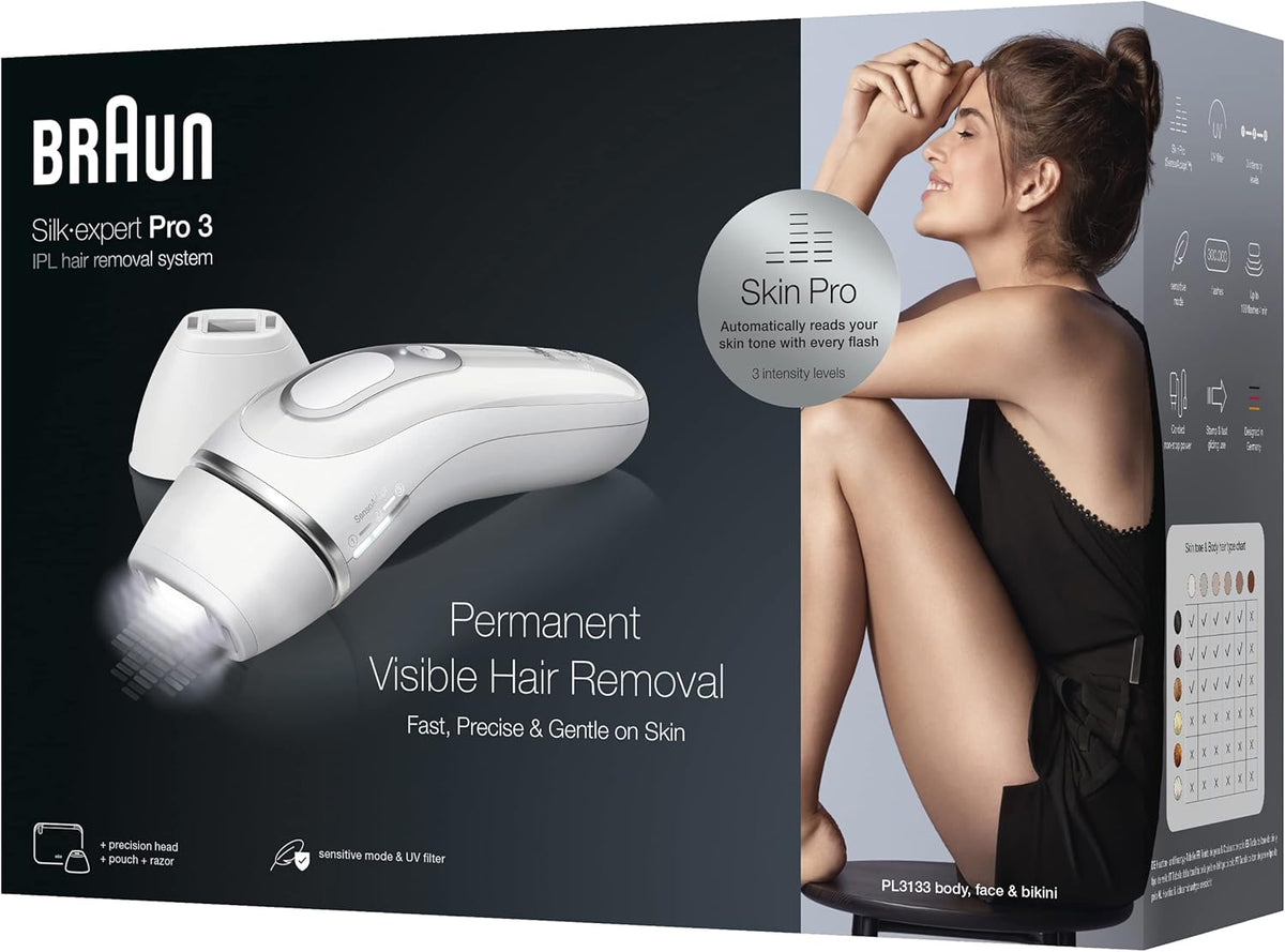 Braun IPL Silk-Expert Pro 3 PL3133, Visible Hair Removal Featuring Pouch, Gifts for Women White/Silver