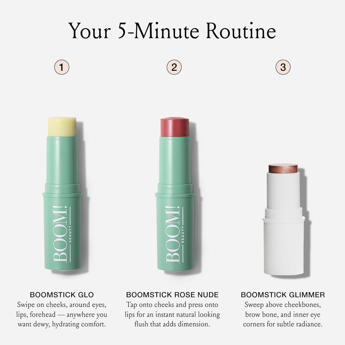 Boomstick Trio ® Rose Nude 3 Pack Cream Blush Makeup - Rose Nude Blush Stick, Highlighter Stick & Moisturizer for Cheeks