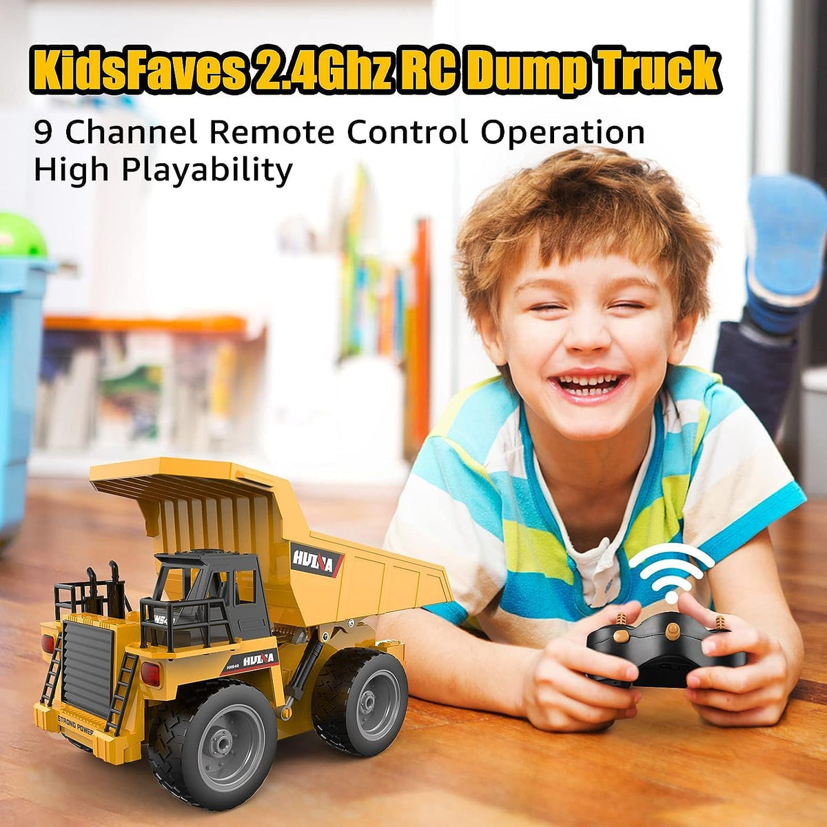 Remote Control Dump Truck Toy,2 Rechargeable Batteries RC Trucks 9 Channel 4WD with Lights