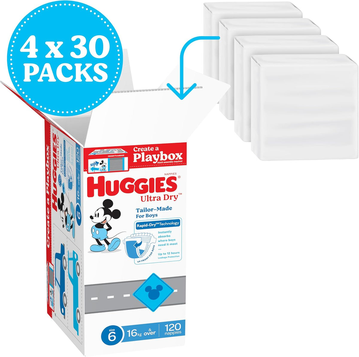 Huggies Ultra Dry Nappies Boys Size 6 (16+kg) 120 Count - One Month Supply