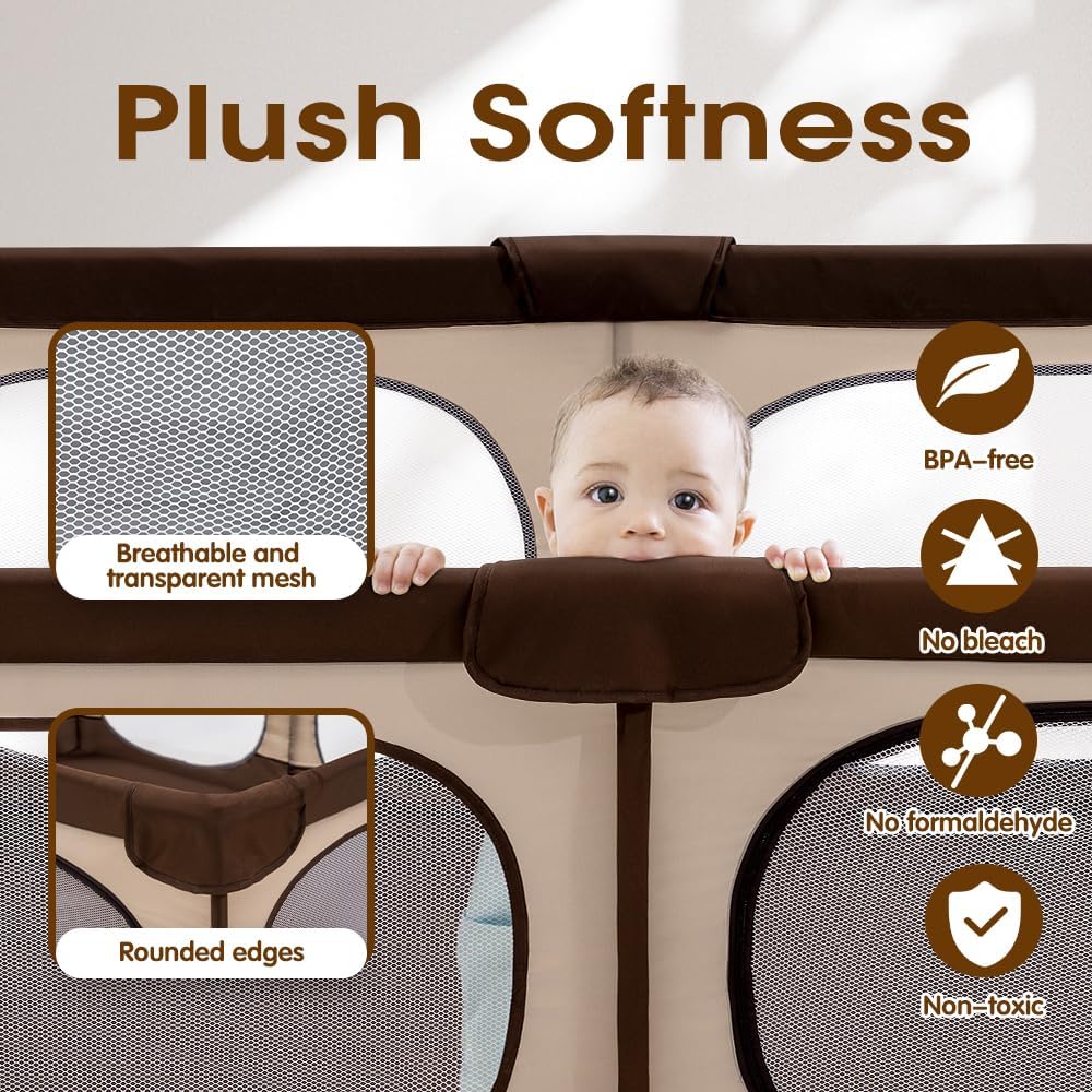 Baby Playpen, 150x180CM Play Pen for Babies & Toddlers, Brown