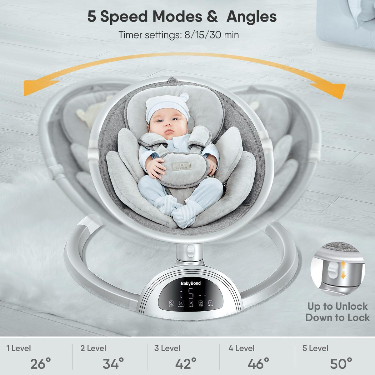 BabyBond Baby Swings for Infants, Bluetooth Infant Swing with Music Speaker, 3 Seat Positions, 5 Point Harness Belt, 5 Speeds (Silver)
