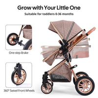 Luxury 2-in-1 Baby Stroller, Foldable Travel Stroller for Newborn to Toddler, Convertible Stroller with All-Terrain Wheels and UPF 50+ Canopy, Baby Glide Khaki Stroller