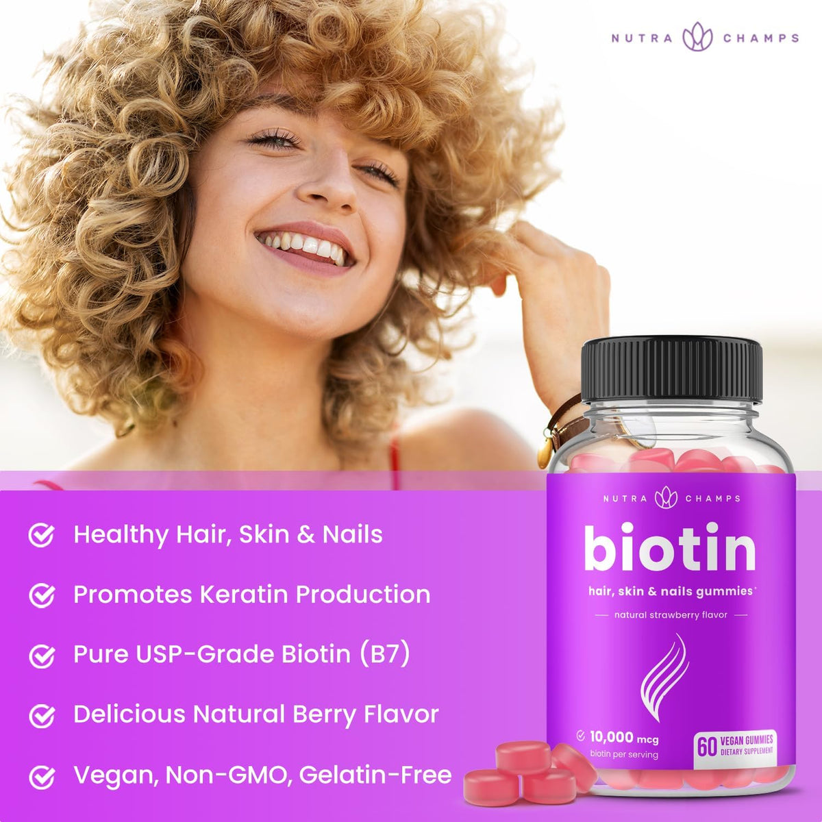 NutraChamps (2 Pack) Biotin Gummies 10,000mcg [High Potency] for Healthy Hair, Skin & Nails for Adults & Kids - 5000mcg-USA MADE