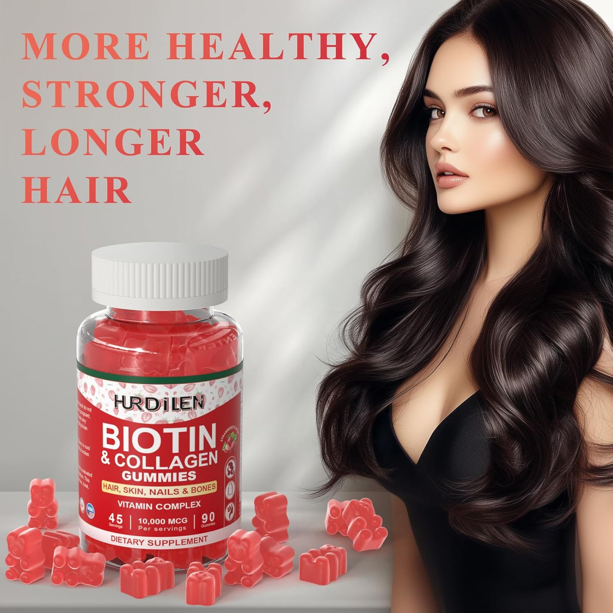 Hair Skin and Nails Gummies, 10000mcg Biotin Collagen Gummies for Women & Men, 90 Gummies