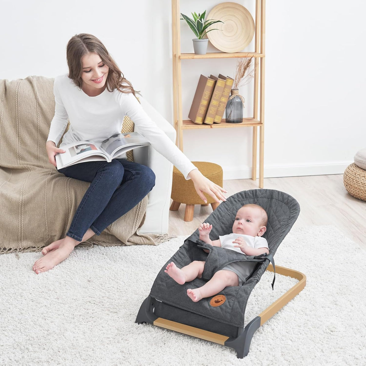 Baby Bouncer, Portable Bouncer Seat for Babies, Infants Bouncy Seat with Wood Grain Base, Natural Vibrations (Grey)