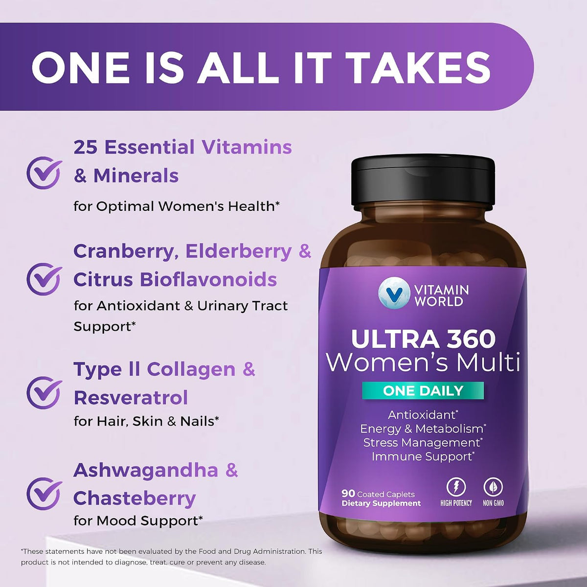Vitamin World Ultra 360 Multivitamin for Women One Daily, Stress Support | Women's Multivitamin with Collagen, Ashwagandha & Antioxidants, Vitamin A, B, C & D for Energy & Immune Support, 90 Caplets