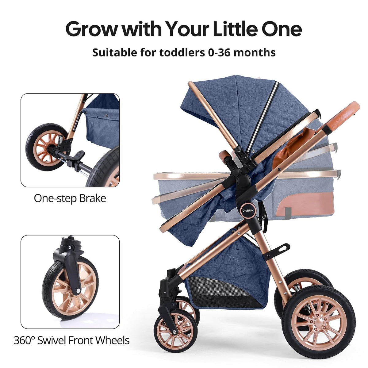 Luxury 2-in-1 Baby Stroller, Foldable Travel Stroller for Newborn to Toddler, Convertible Stroller with All-Terrain Wheels and UPF 50+ Canopy, Baby Glide Blue Stroller
