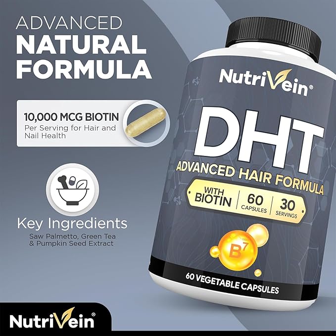 Nutrivein Premium DHT Blocker for Men & Women - with Biotin - 30 Day Supply (60 Caps)