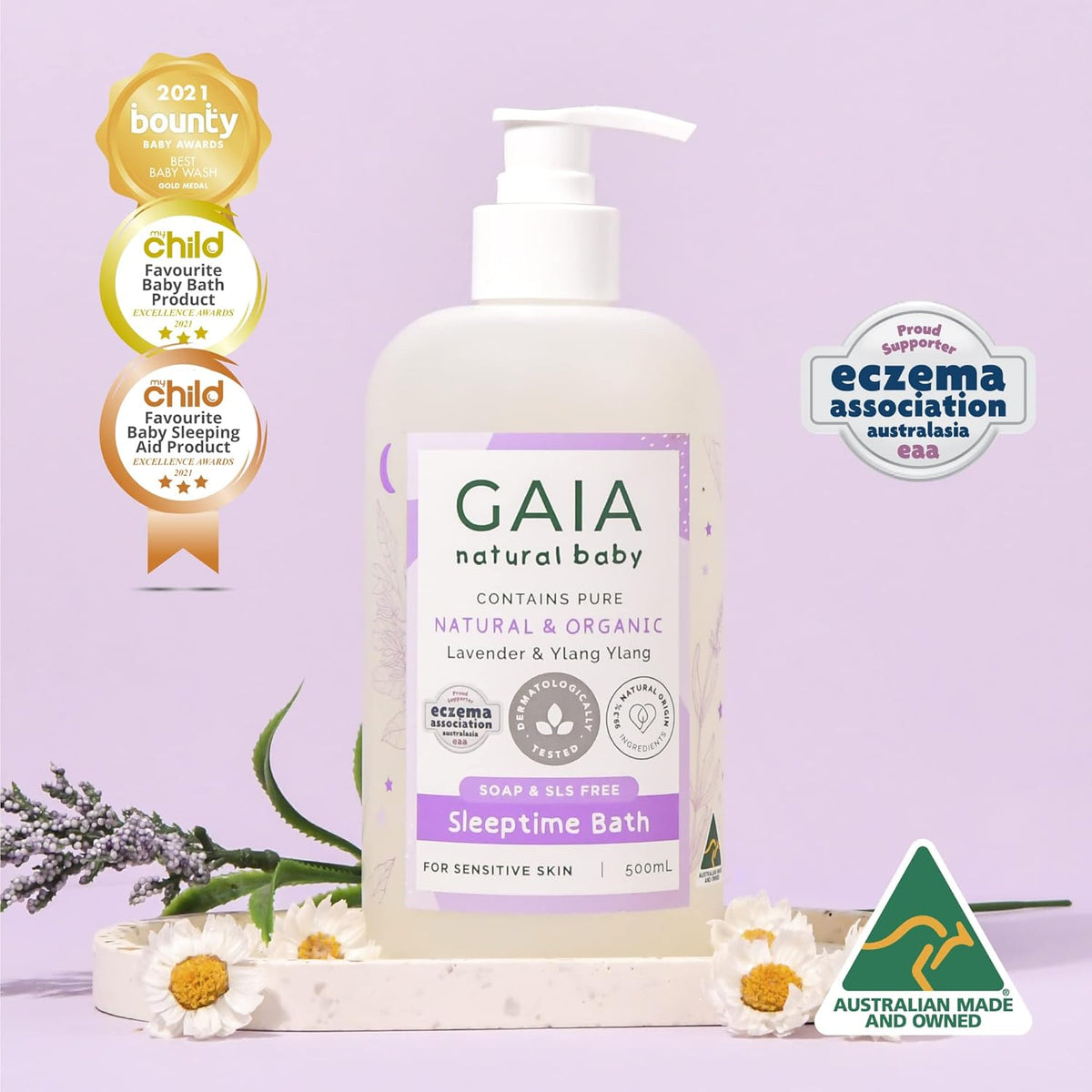 GAIA Natural Baby Sleeptime Wash | Certified Natural | Suitable for Newborns | Sensitive Skin formula | organic Lavender | organic Chamomile | Soap & SLS Free | Perfume Free | Australian Made - 500mL