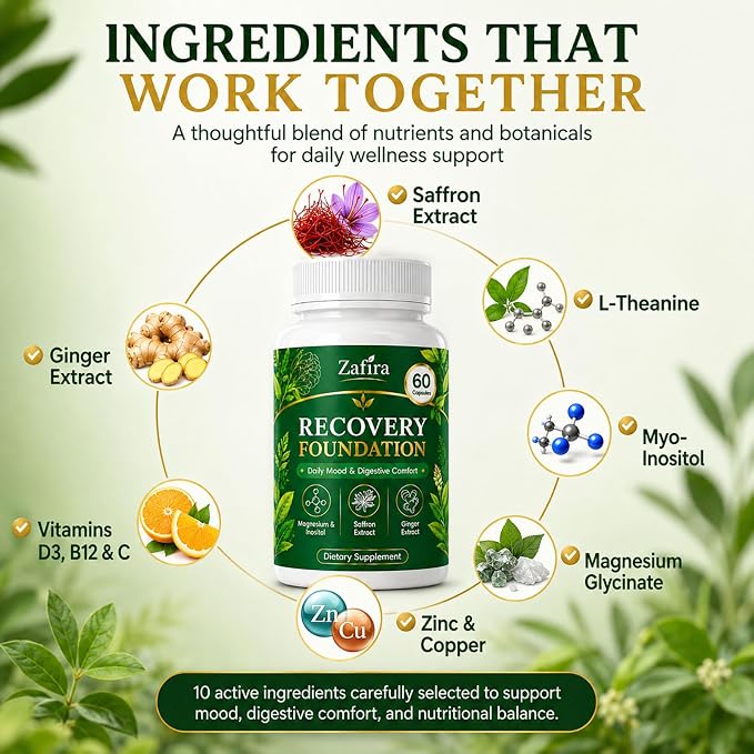 Zafira Organics Recovery Foundation Capsules | Mood & Mental Focus Support | Daily Wellness & Digestive Comfort | Saffron Extract, Myo-Inositol, Magnesium & Ginger Extract | Non-GMO | 60 Capsules