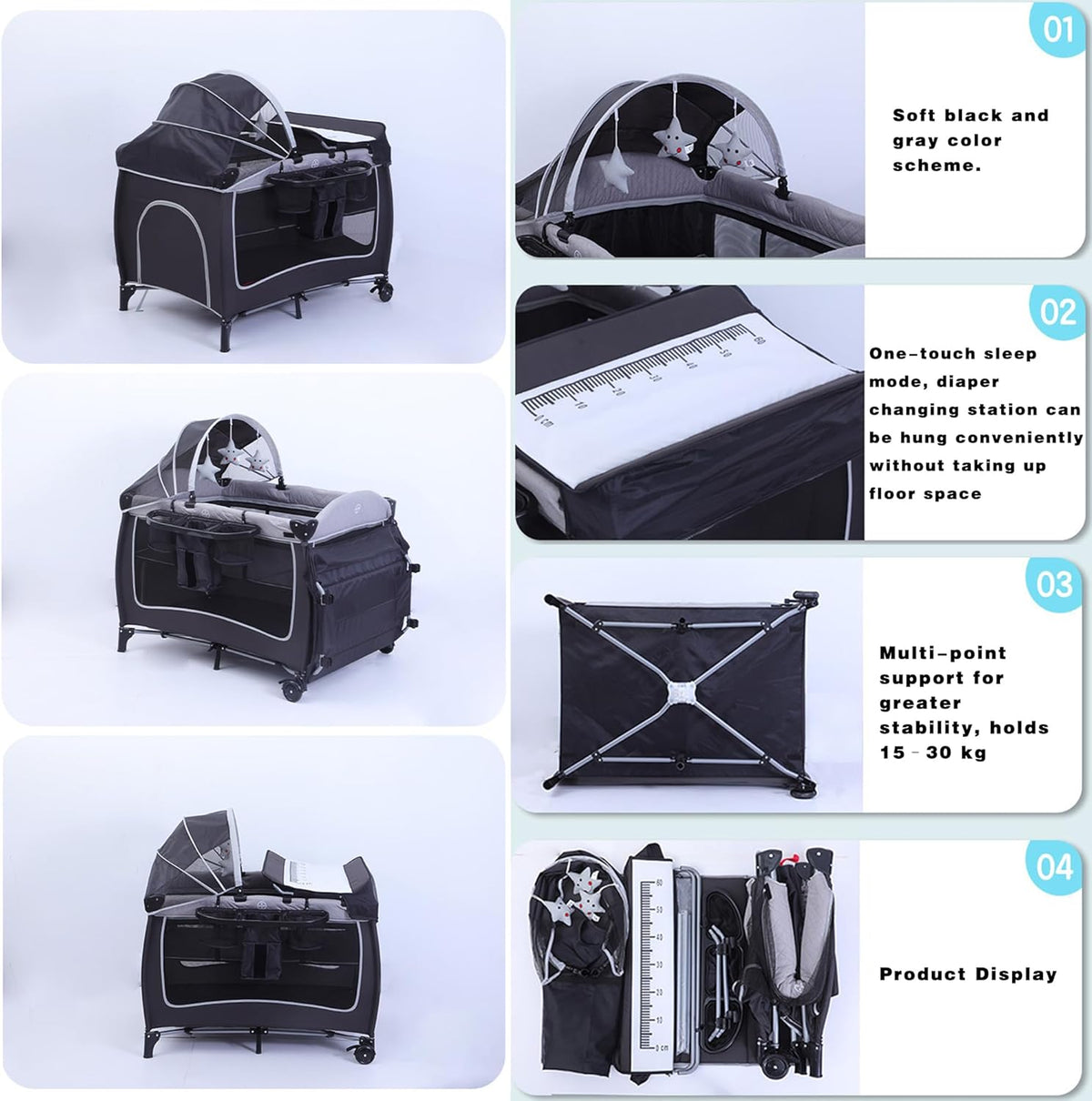 Portable Baby Crib, Foldable Baby Portacot, Travel Playard with Canopy, Nursery Center, Foldable Travel Playard with Changing Table, Soft Mattress, Hanging Toys and Carry Bag