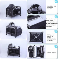 Portable Baby Crib, Foldable Baby Portacot, Travel Playard with Canopy, Nursery Center, Foldable Travel Playard with Changing Table, Soft Mattress, Hanging Toys and Carry Bag