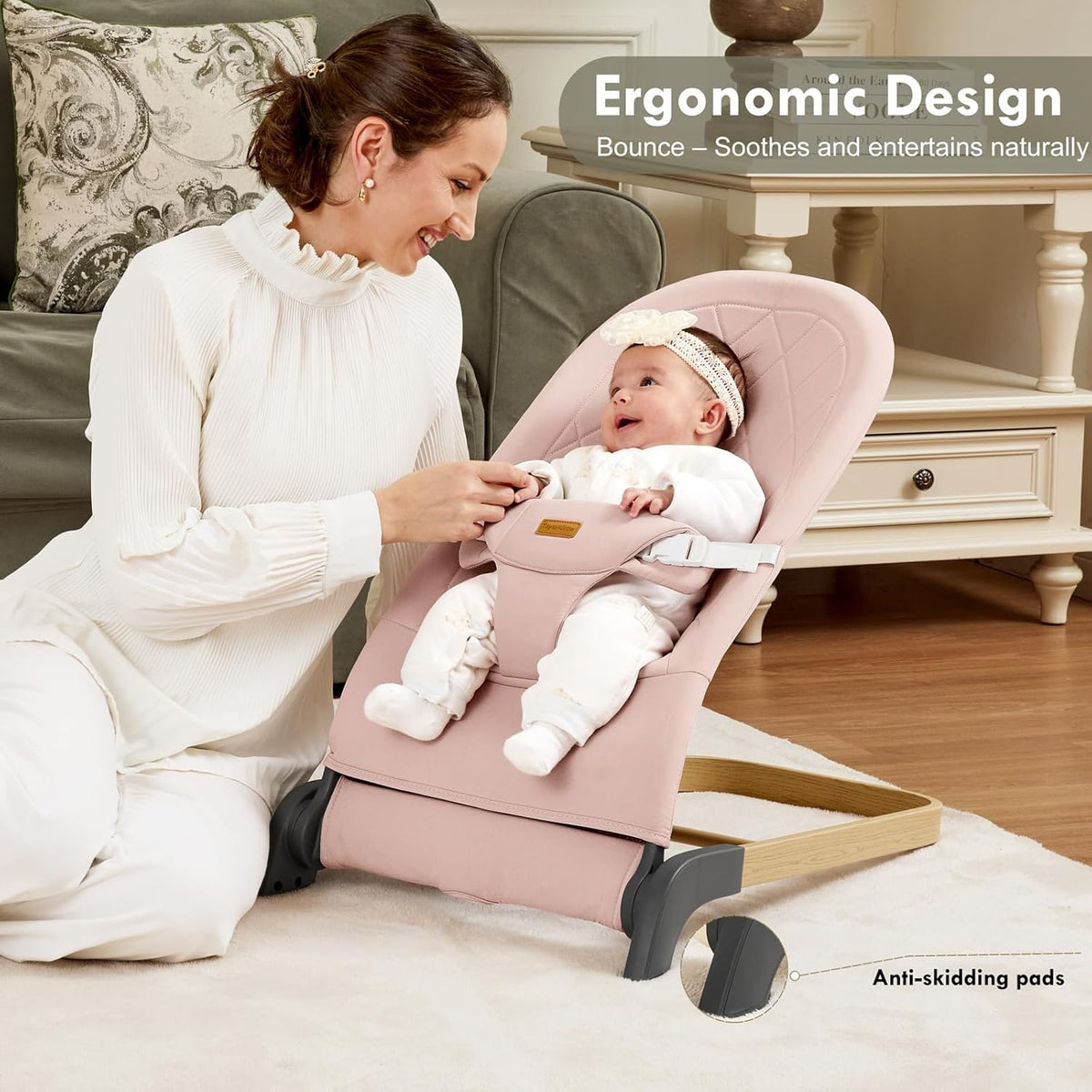 Soft & Foldable Baby Rocker with Adjustable Recline, Premium Linen Fabric & Strong Metal Frame