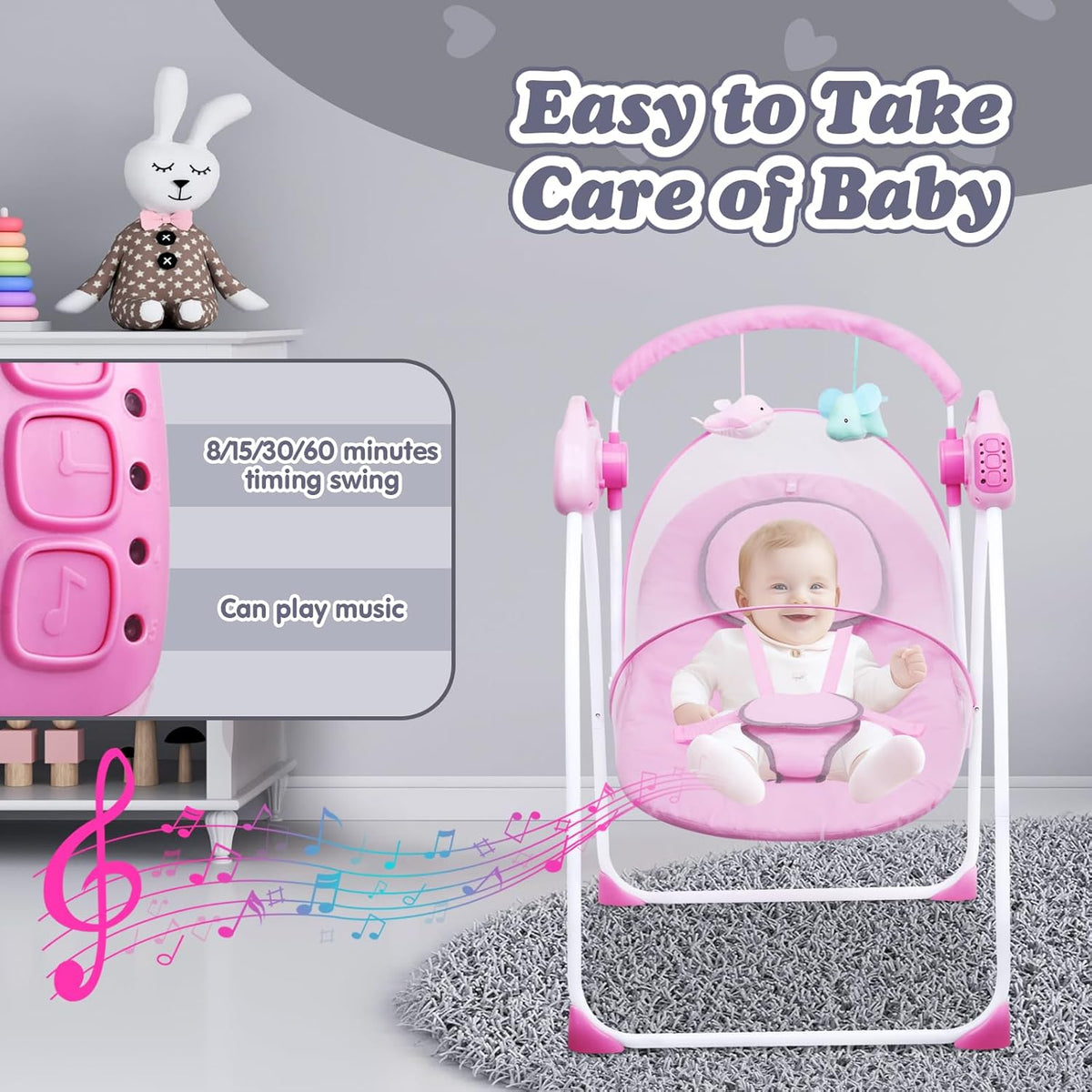 Advwin Baby Rocking Chair, Electric Baby Swing Baby Bouncer and Rocker,Electric 5 Speed Toddler Swing, Bluetooth Bouncer Seat Chair for Infants with Mosquito Net, Pink