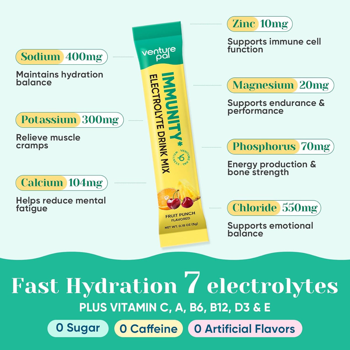 Venture Pal 2-in-1 Hydration + Immune Electrolytes Powder Packets with 7 Electrolytes & 6 Vitamins,16 Sticks