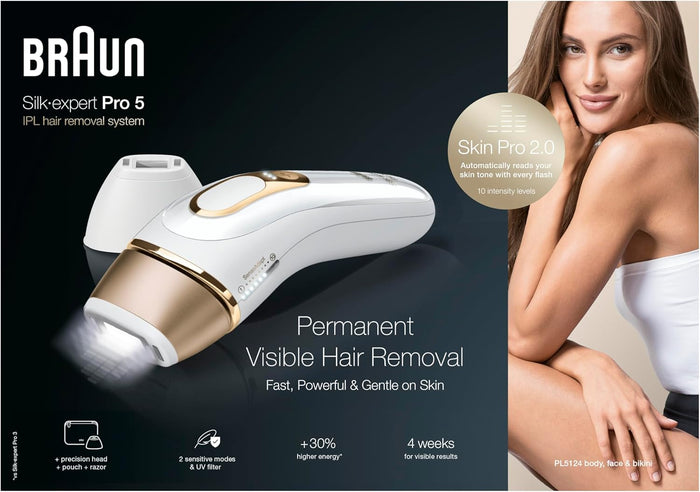 Braun IPL Silk Expert Pro 5 PL5124 Generation IPL, Permanent Visible Laser Hair Removal for Women and Men with Premium Pouch, Venus Razor and Precision Head, White and Gold Visit the Braun Store