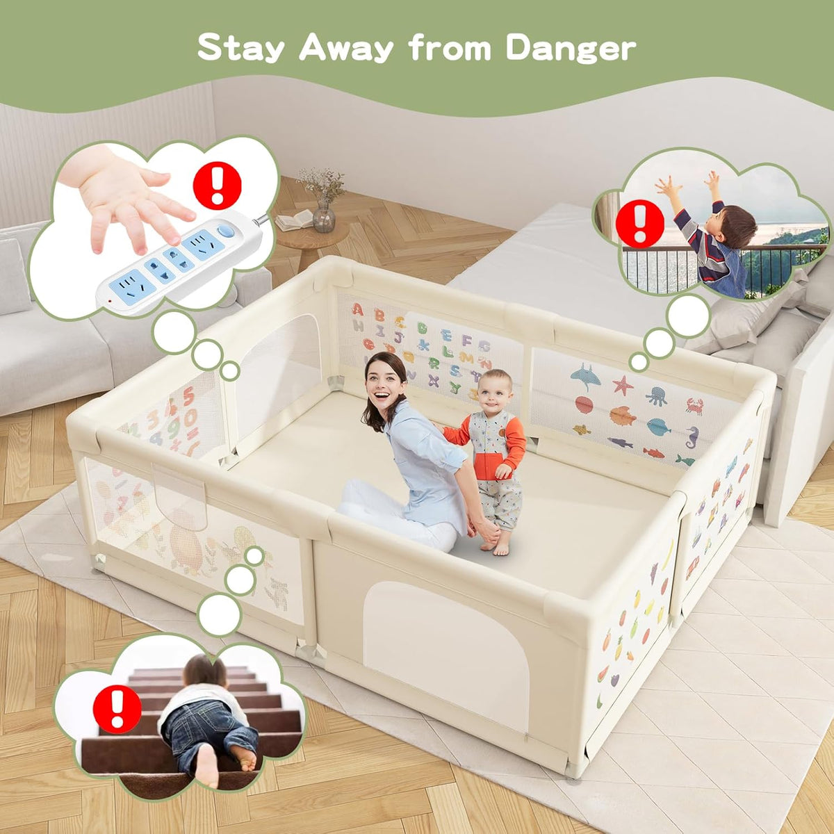 Baby Play Pen for Toddlers 150*180cm with Pattern Anti-Slip Sturdy Play Yards Fence with 50 Balls, 4 Pull Rings,Playmat & Zipper Door (Beige)