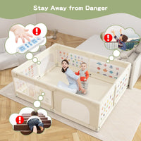 Baby Play Pen 120*180cm for Toddlers with Pattern Anti-Slip Sturdy Play Yards Fence with 50 Balls, 4 Pull Rings,Playmat & Zipper Door (Beige)