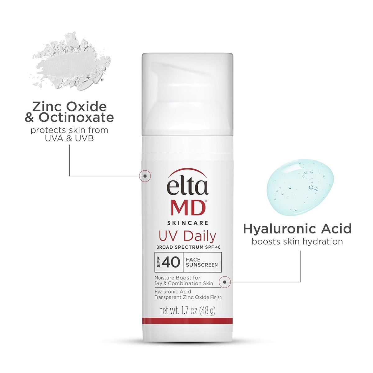 EltaMD UV Daily SPF 40 Face Sunscreen Moisturizer with Zinc Oxide, Daily Face Moisturizer with SPF, Sunscreen, For Dry Skin 1.7 oz Pump (Pack of 2)