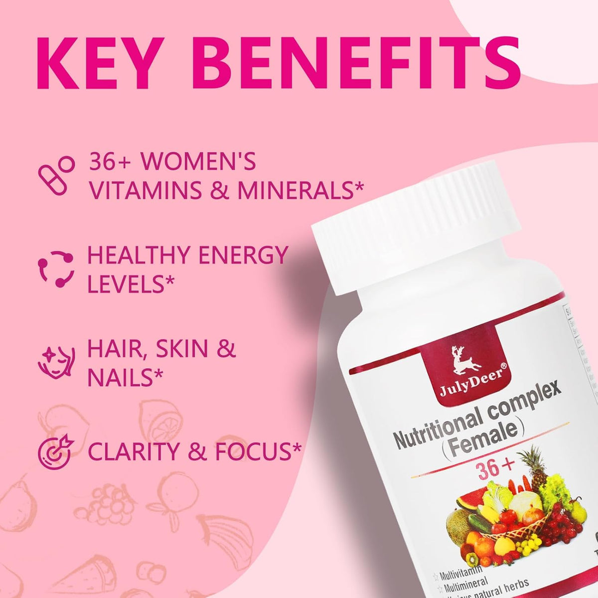 JulyDeer Multivitamin for Women 60 Tablets Complete Multimineral & Vitamin | A, C, D, E and B-Complex, Zinc & More for Lady Immunity, Hair, Skin & Nails, Digestion + Vegetarian ( 60 Count Pack of 1)
